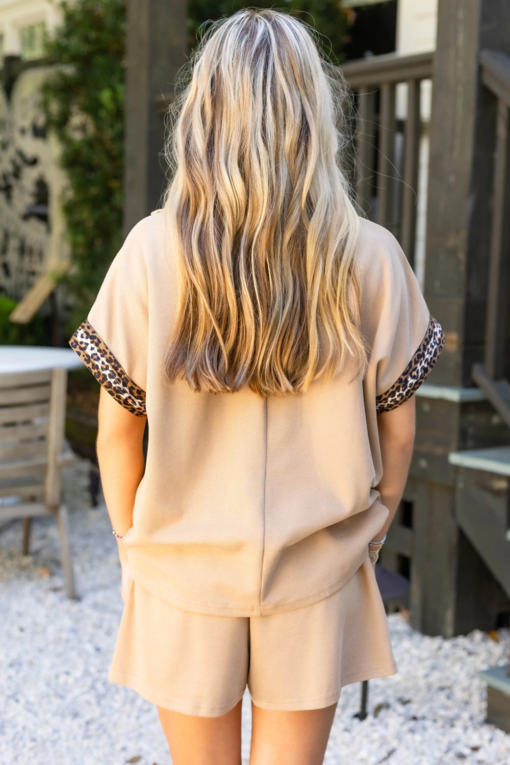 Leopard Trim Zipped Short Sleeve Casual Set