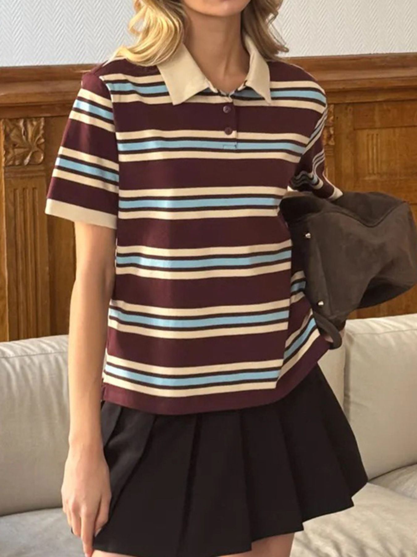 Striped Polo T-Shirt with Contrast Collar