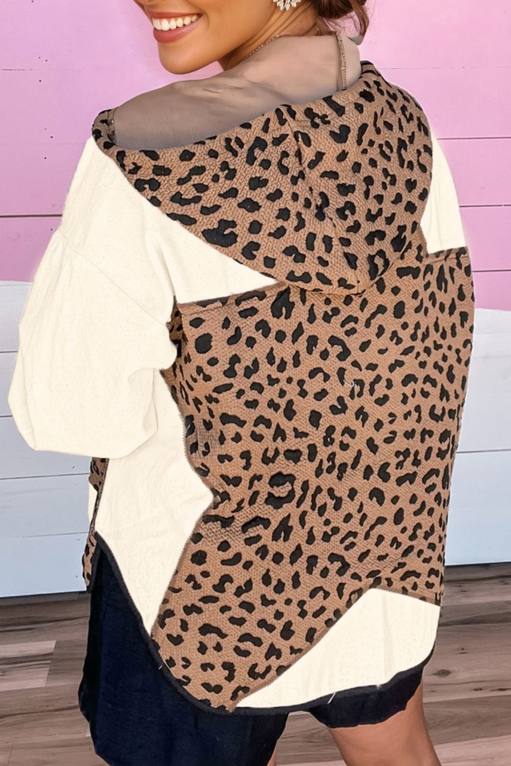 Drawstring Leopard Long Sleeve Hooded Jacket