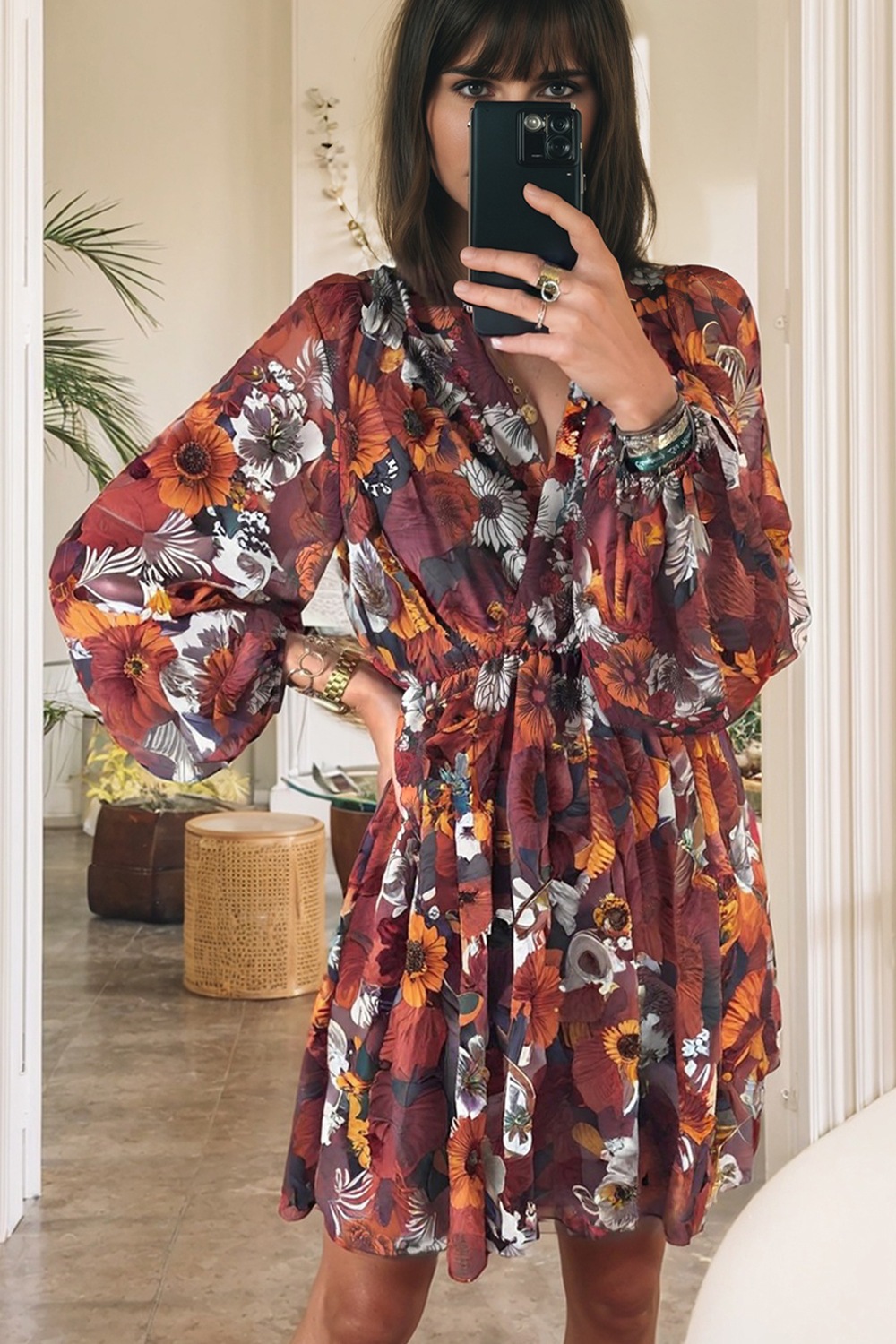 Floral Print Balloon Sleeve Mini Dress