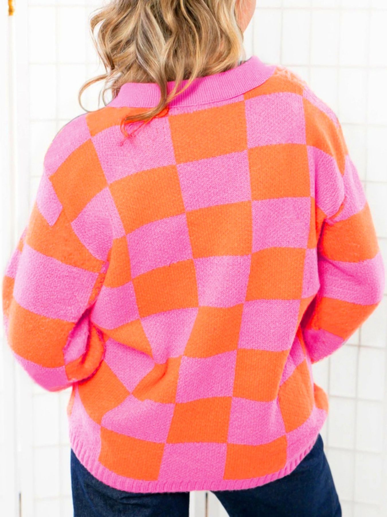 Checkerboard Pattern Half Button Sweater