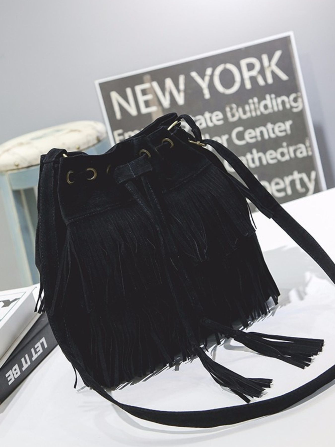 Fringe Drawstring Crossbody Bag