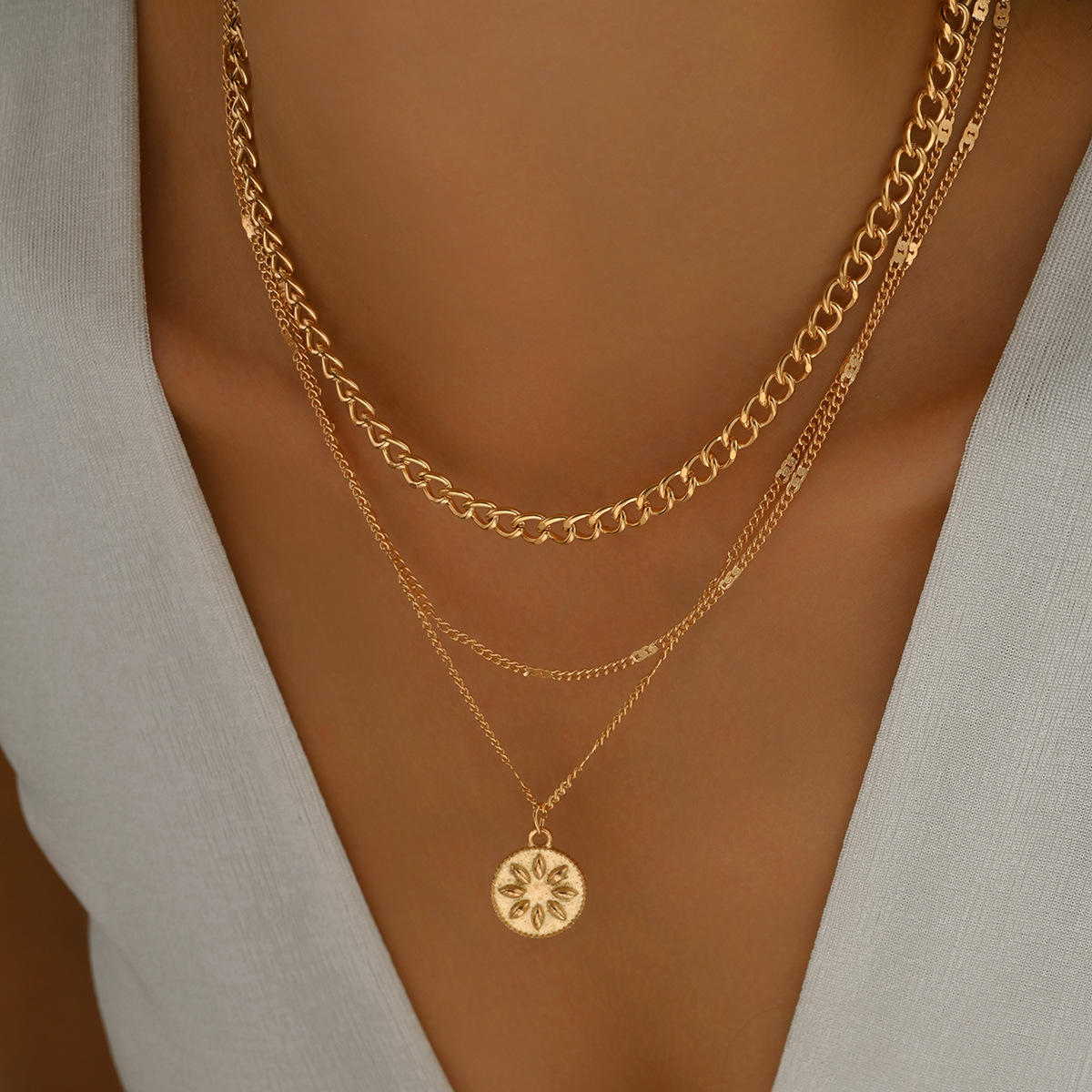 18K Gold-Plated Three Layered Pendant Necklace