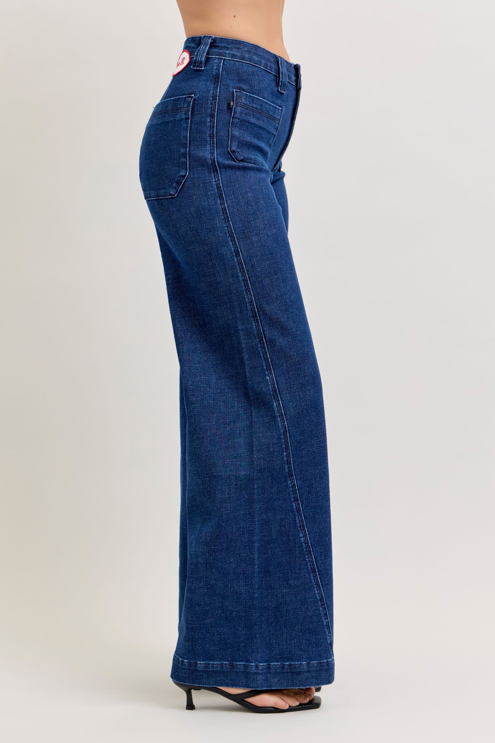 High-Waisted Retro Wide Jeans with Patch Pkts & Twisted Seams