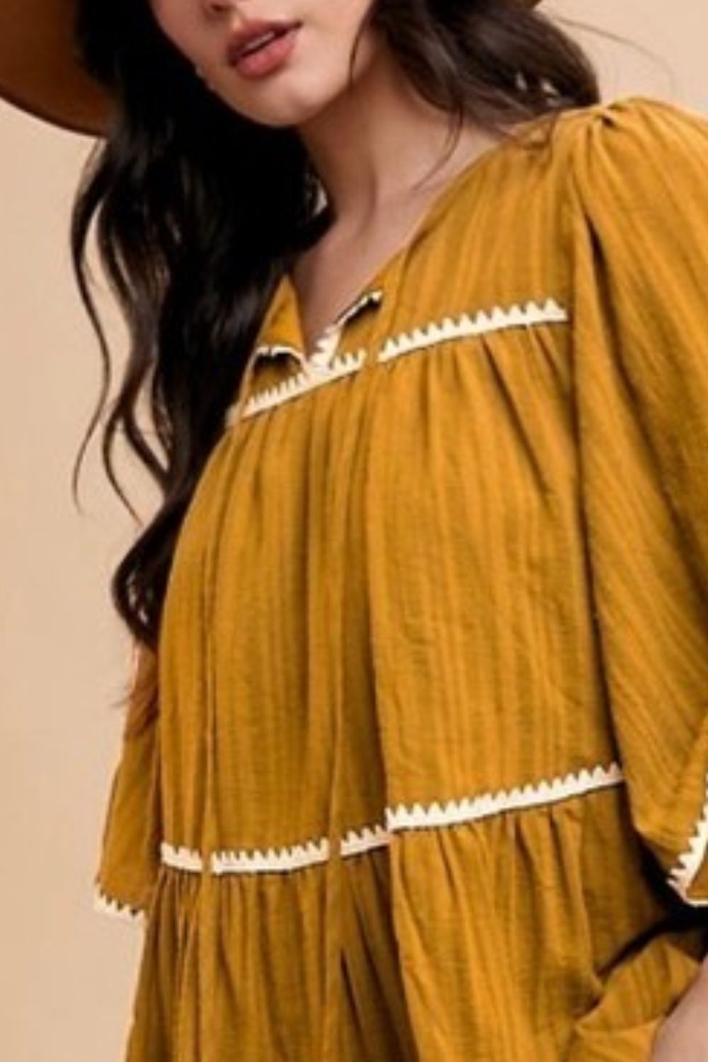 Tassel Contrast Trim Tie Neck Half Sleeve Tiered Dress