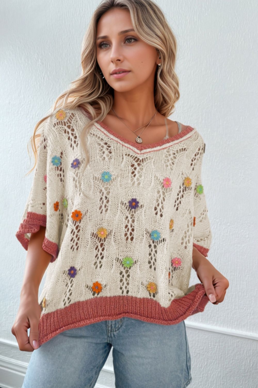 Openwork Flower Half Sleeve Knit Top view 2