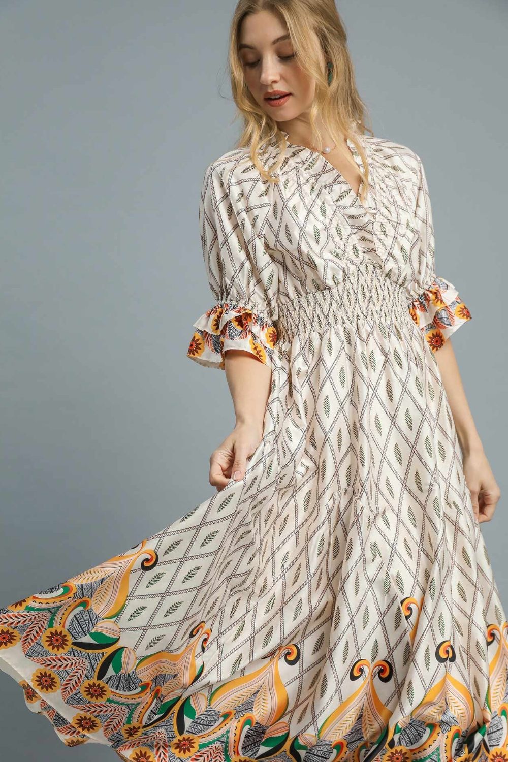 Umgee Printed Smocked Waist Flounce Sleeve Midi Dress