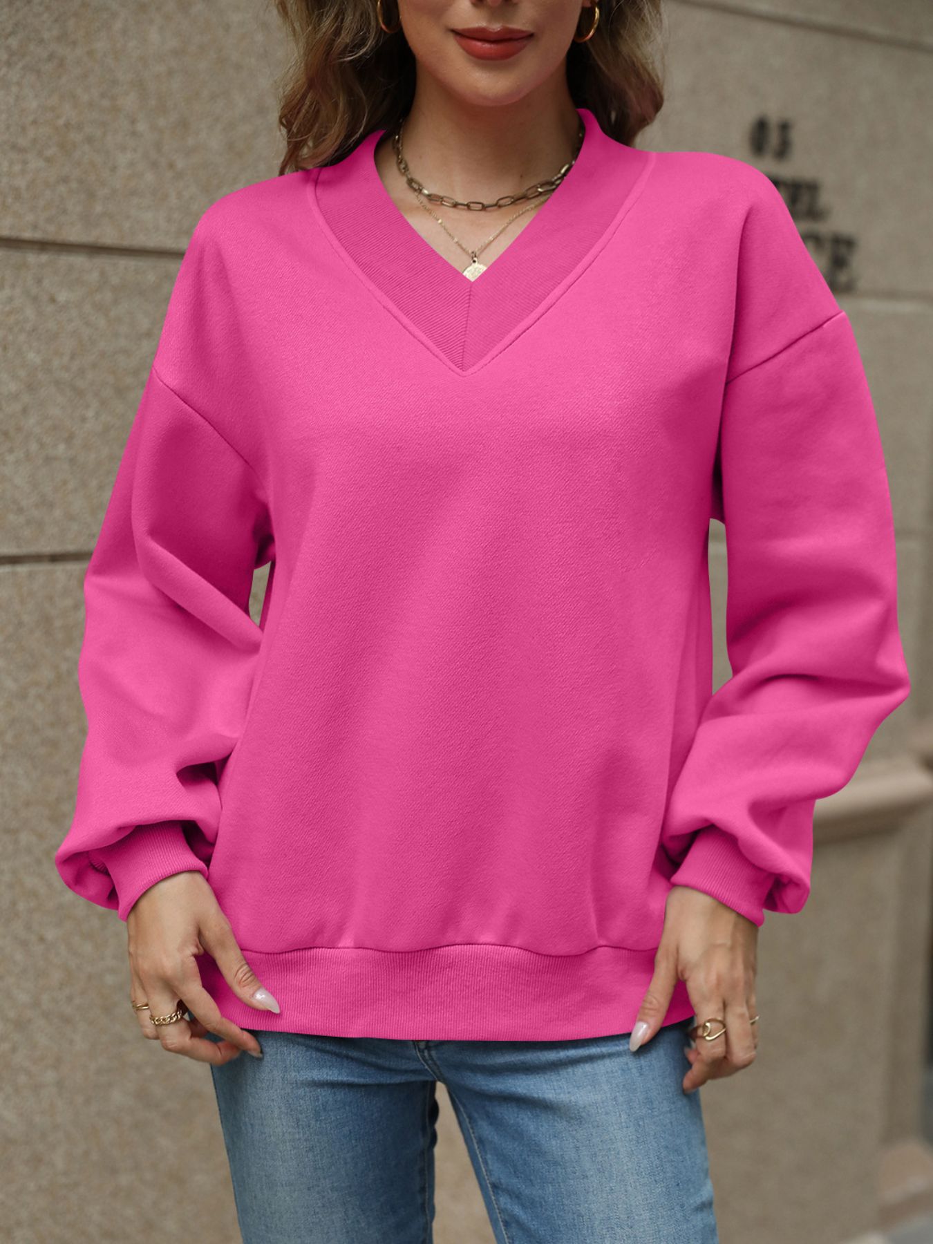 V-Neck Solid Color Casual Sweatshirt