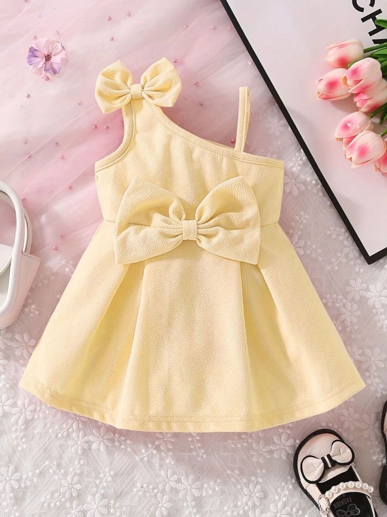 Children's Bow Asymmetrical Shoulder Dress 1