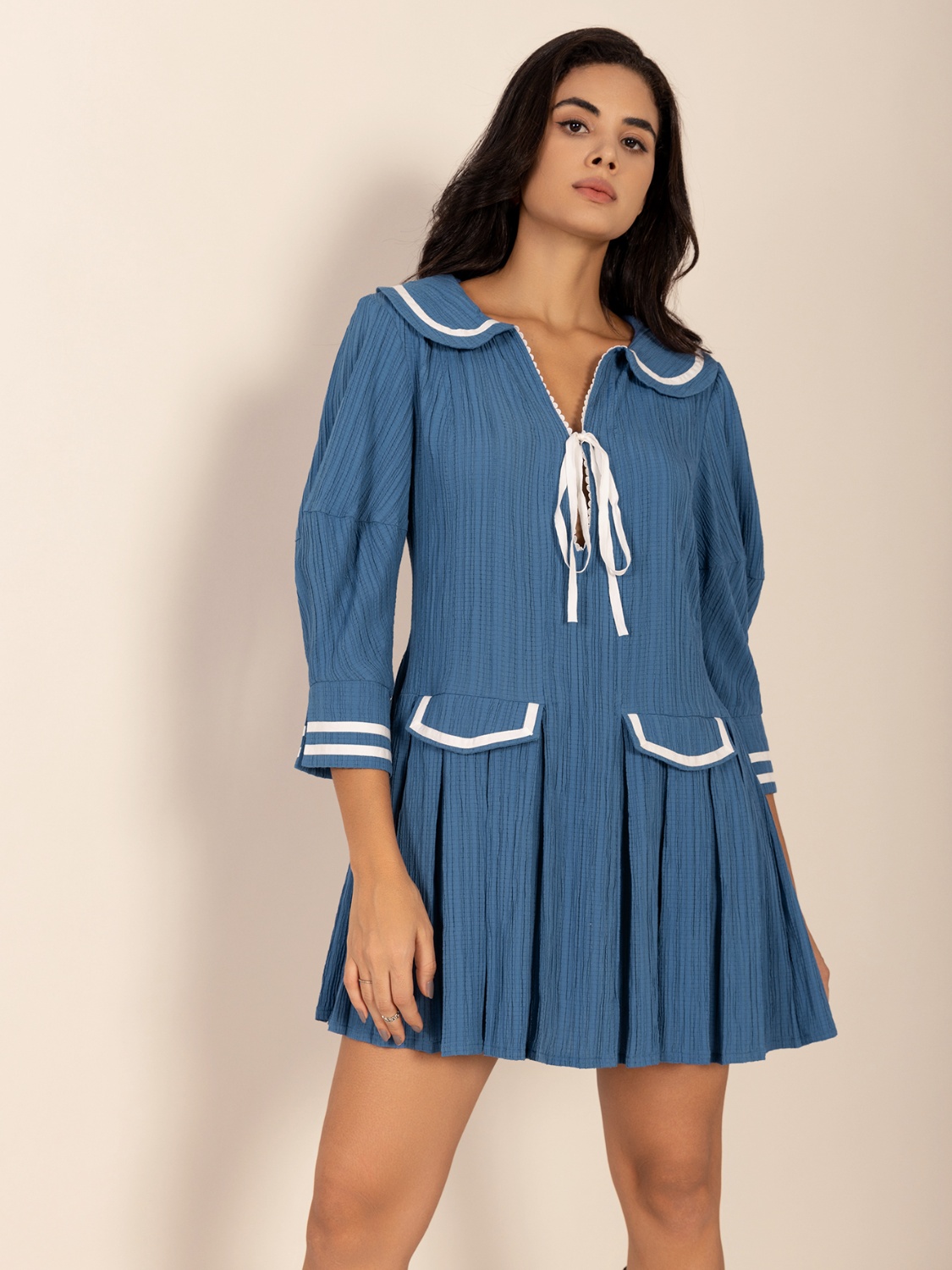 Tie Front Pleated Three-Quarter Sleeve Mini Dress
