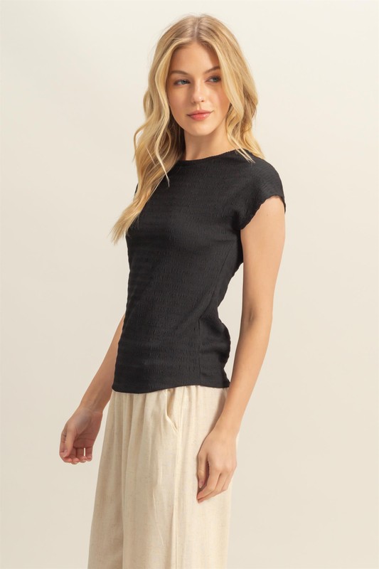 Textured Round Neck Cap Sleeve Knit Top