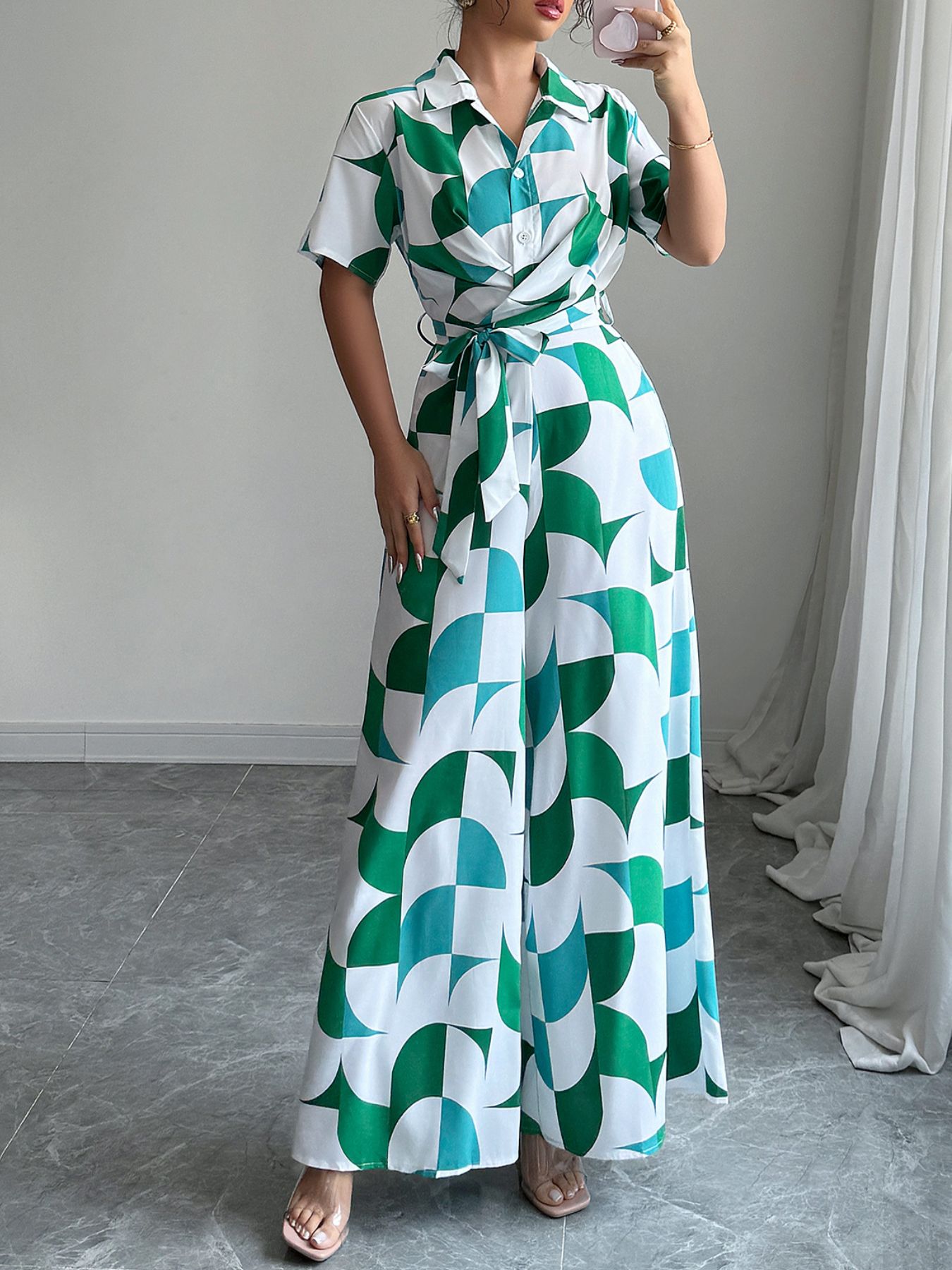Geometric Print Belted Wide Leg Jumpsuit