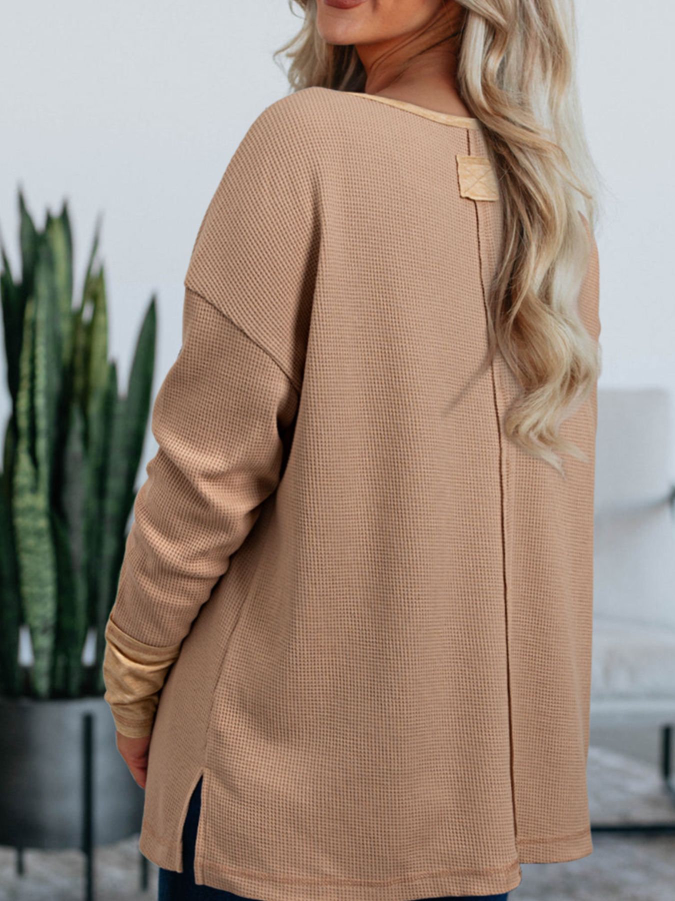 Waffle Textured Tunic Henley Top with Slits
