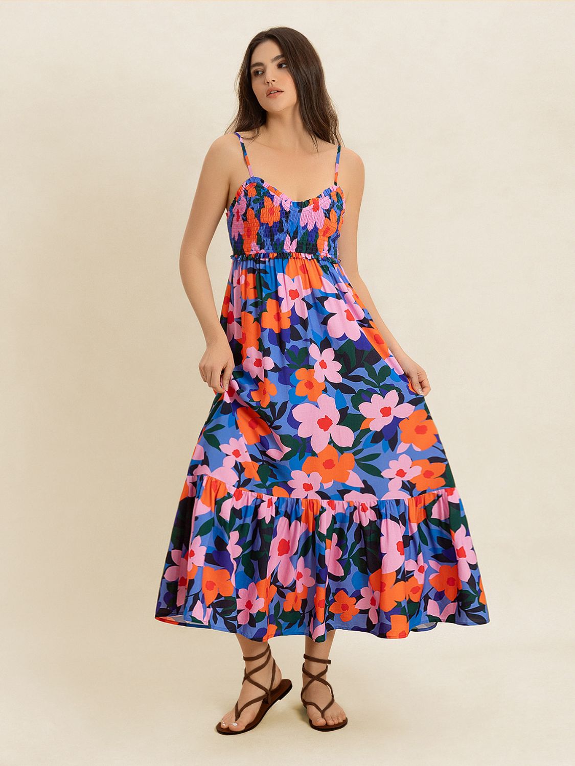 Smocked Back Ruffled Hem Printed Cami Dress