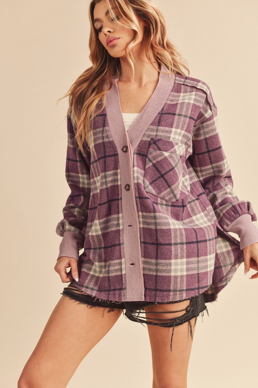 Side Slit Patch Pocket Plaid Button Down Jacket