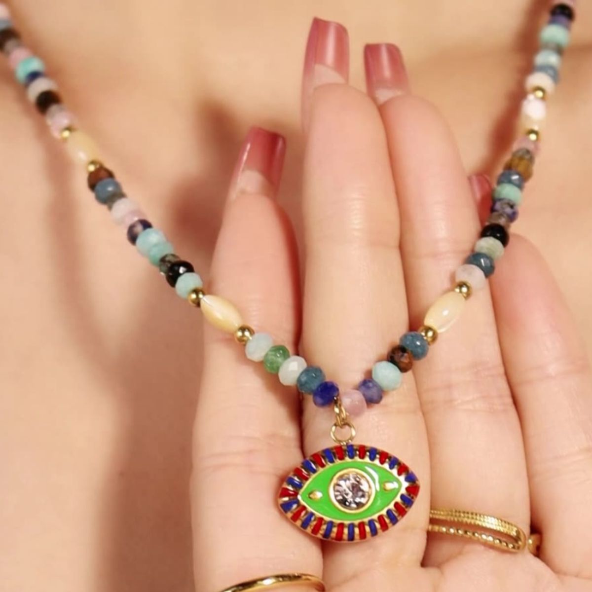 Zircon Bead Evil Eye Pendant Necklace