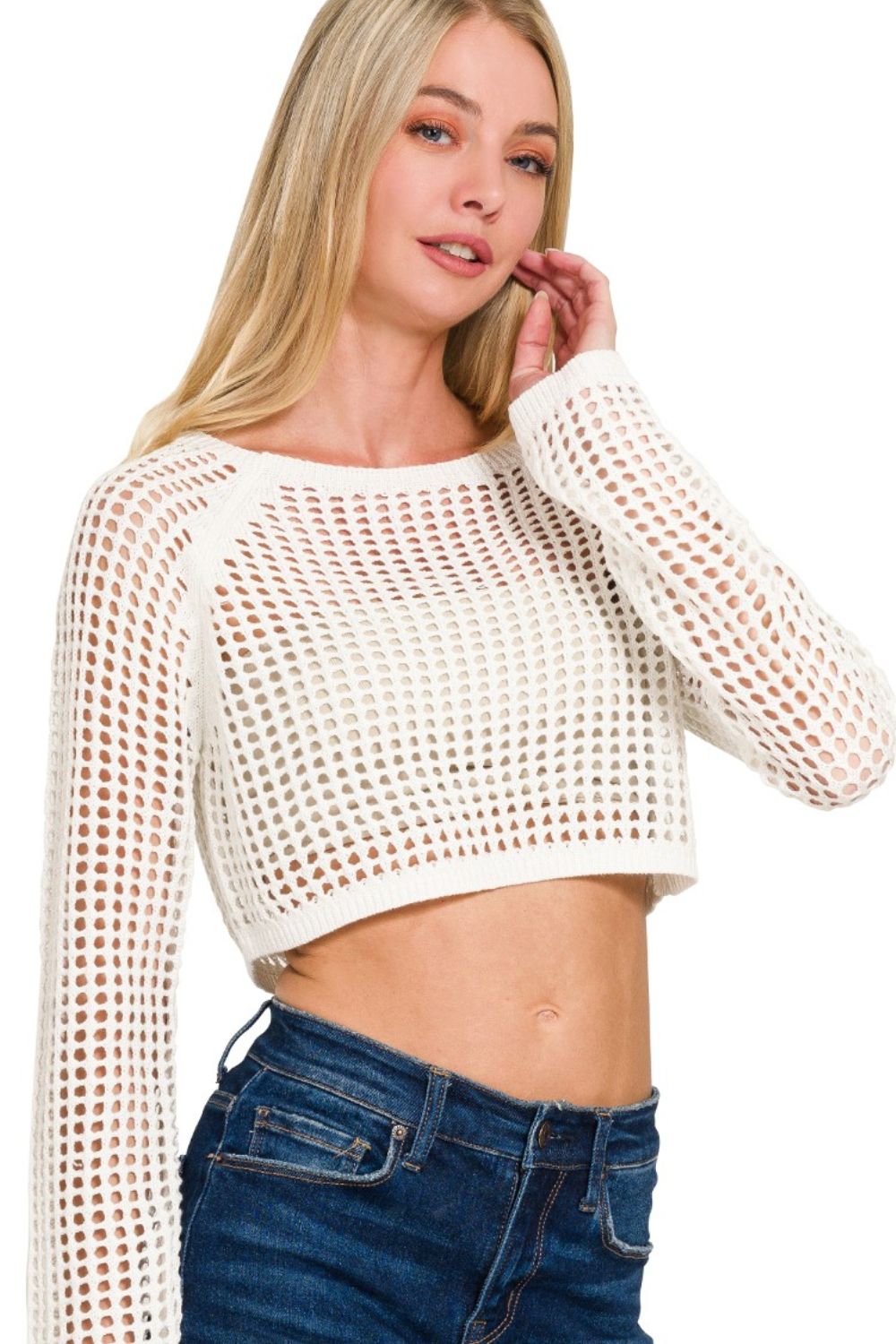 Hollow Knitted Cropped Round Neck Sweater