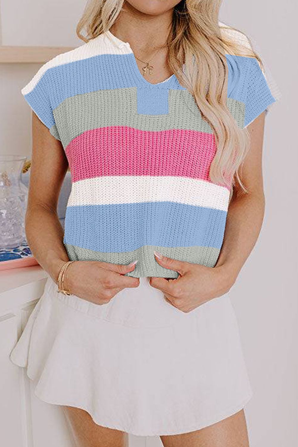Color Block Notched Cap Sleeve Knit Top