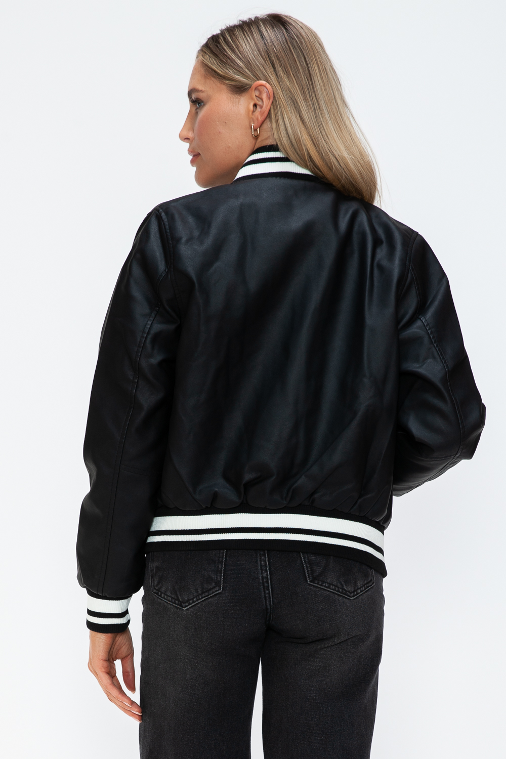 PU Leather Contrast Snap Down Bomber Jacket