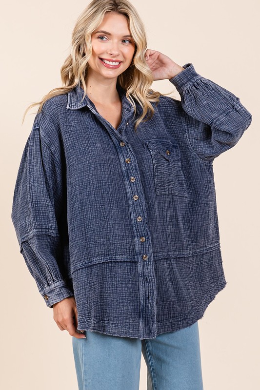 Textured Collared Neck Long Sleeve Shirt