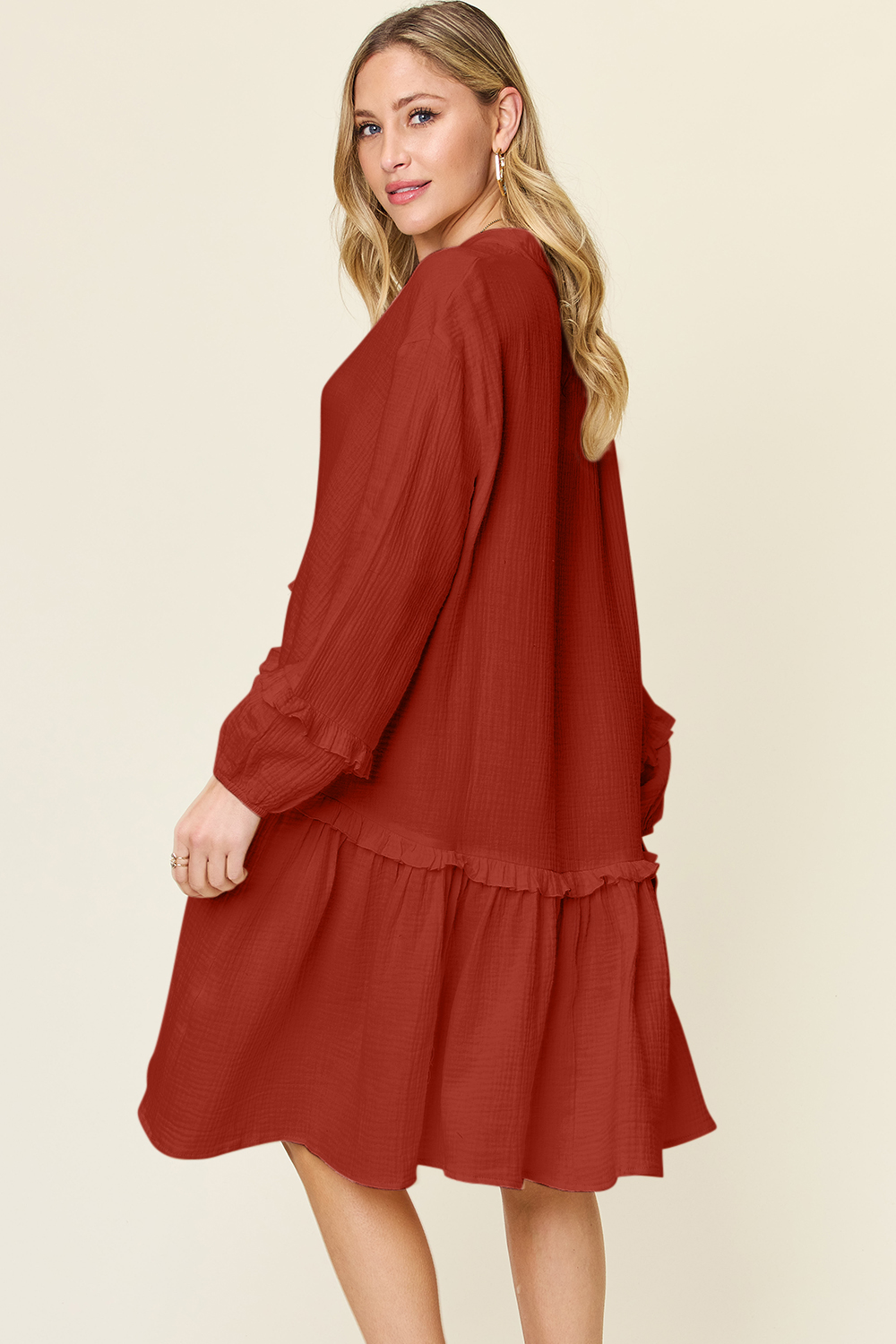 Full Size Texture Half Button Ruffle Trim Dress