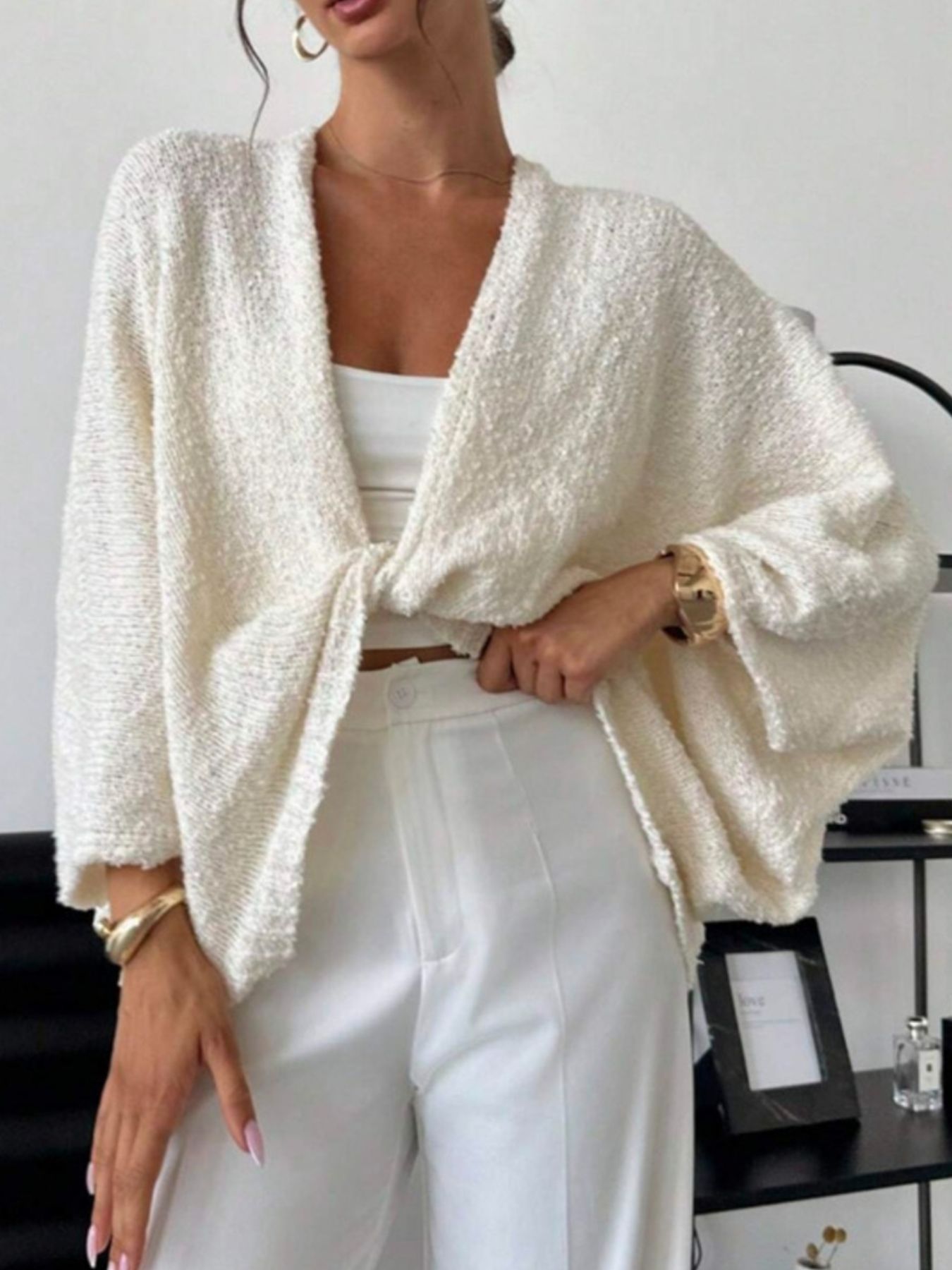 Twist-Front Textured Knit Cardigan