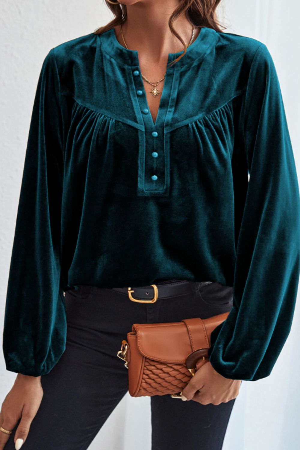 Notched Long Sleeve Velvet Top