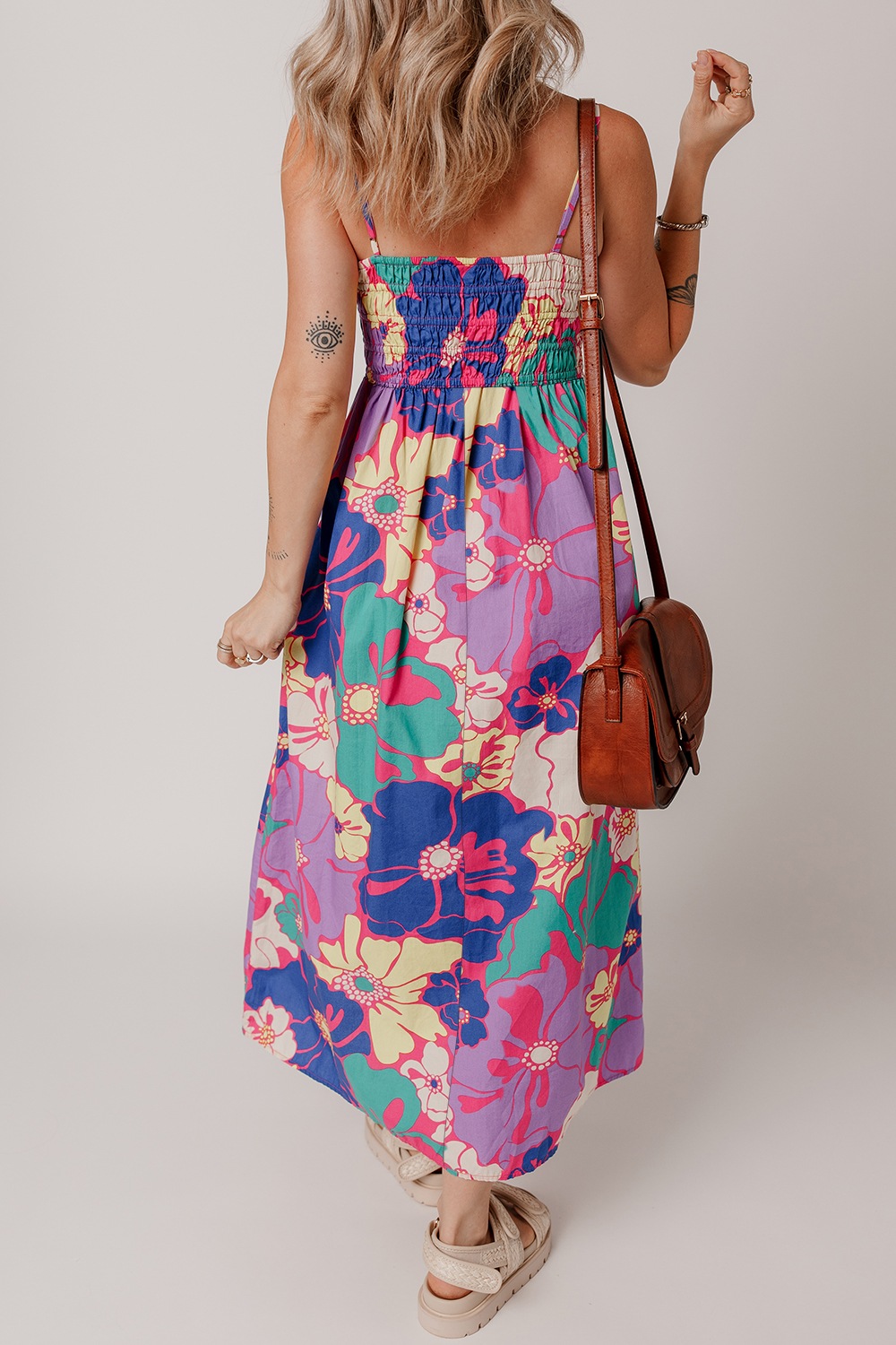 Floral Print Shirred Spaghetti Strap Loose Maxi Dress