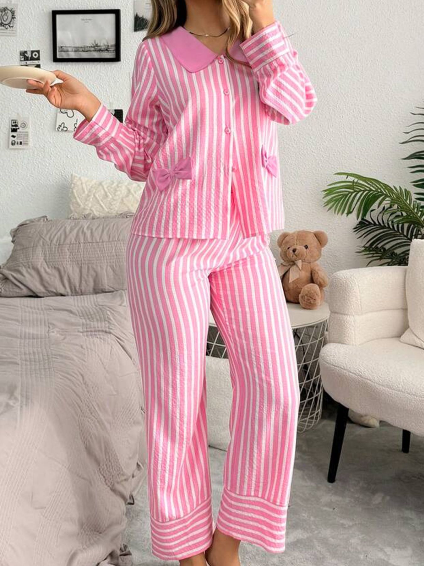 Stripe Buttoned Front Long Sleeve Top and Pants 2 Piece Sleepwear