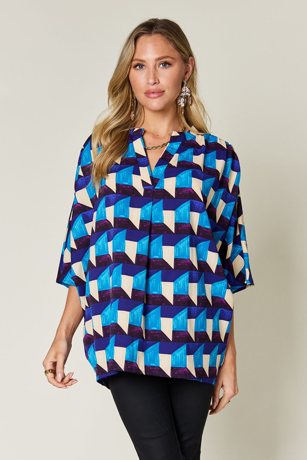Double Take Full Size Geometric Notched Half Sleeve Blouse 1