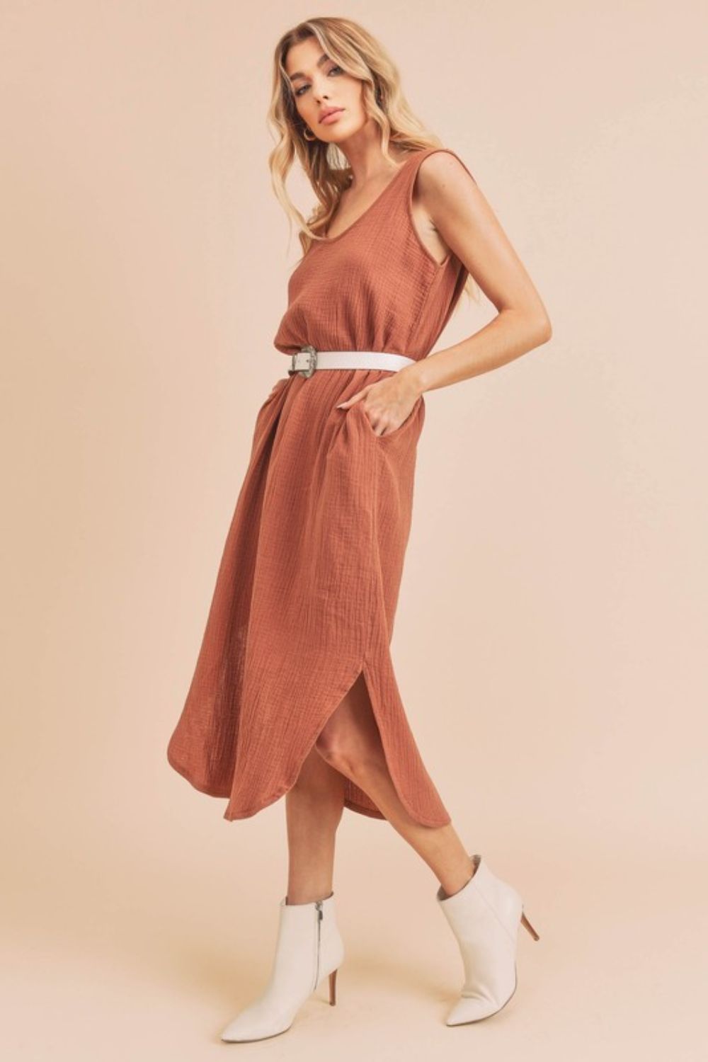 Round Neck Midi Tank Dress with Pockets