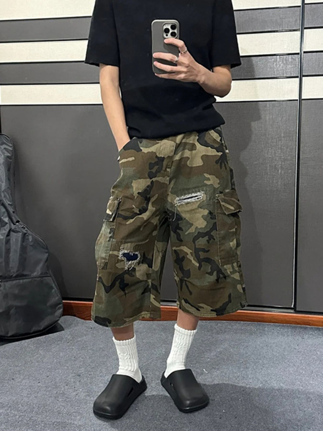 Men's Full Size Camouflage Cargo Denim Shorts with Distressed Details Plus Size