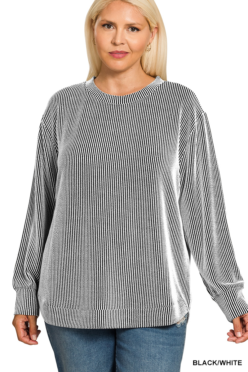 Full Size Raised Rib Round Neck Long Sleeve Top Plus Size