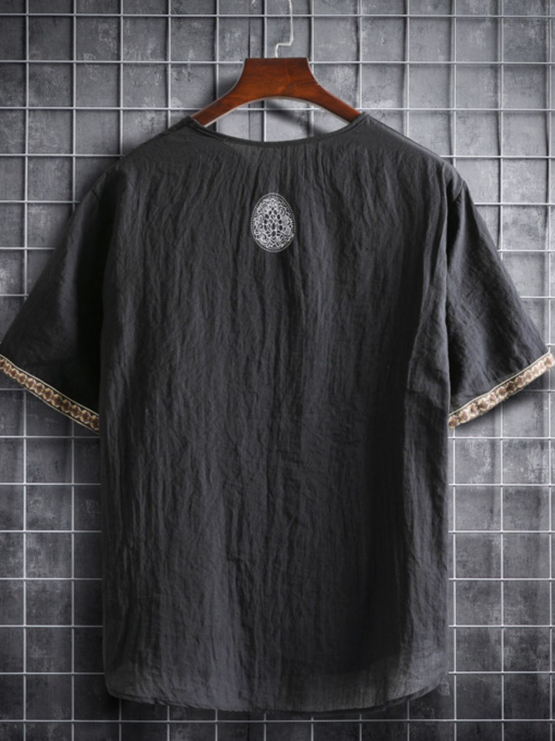 Men's Plus Size Texture Short Sleeve Top with Ethnic Trim