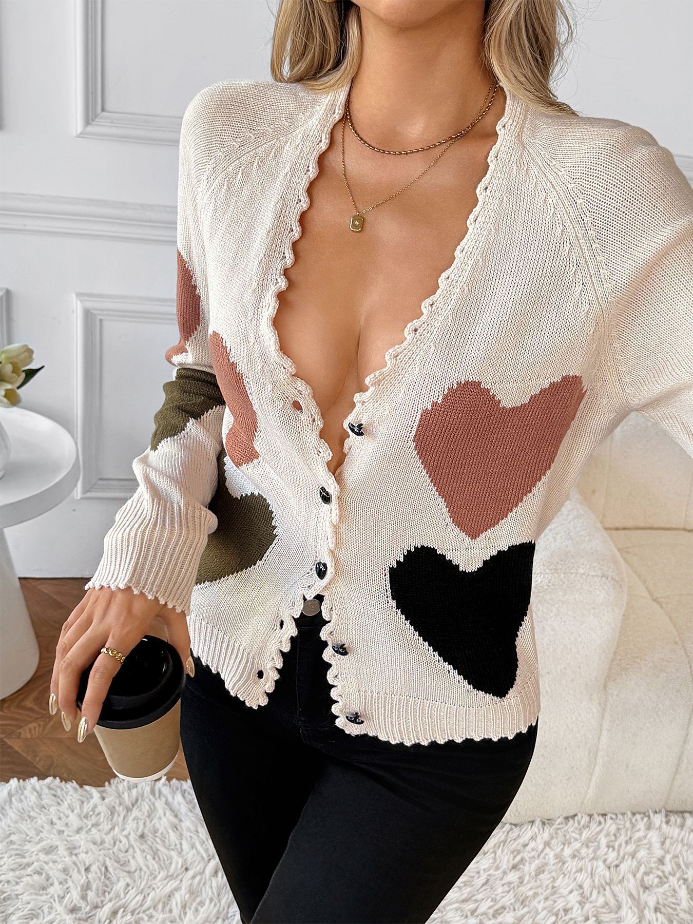 Heart Pattern Button-Up Cardigan