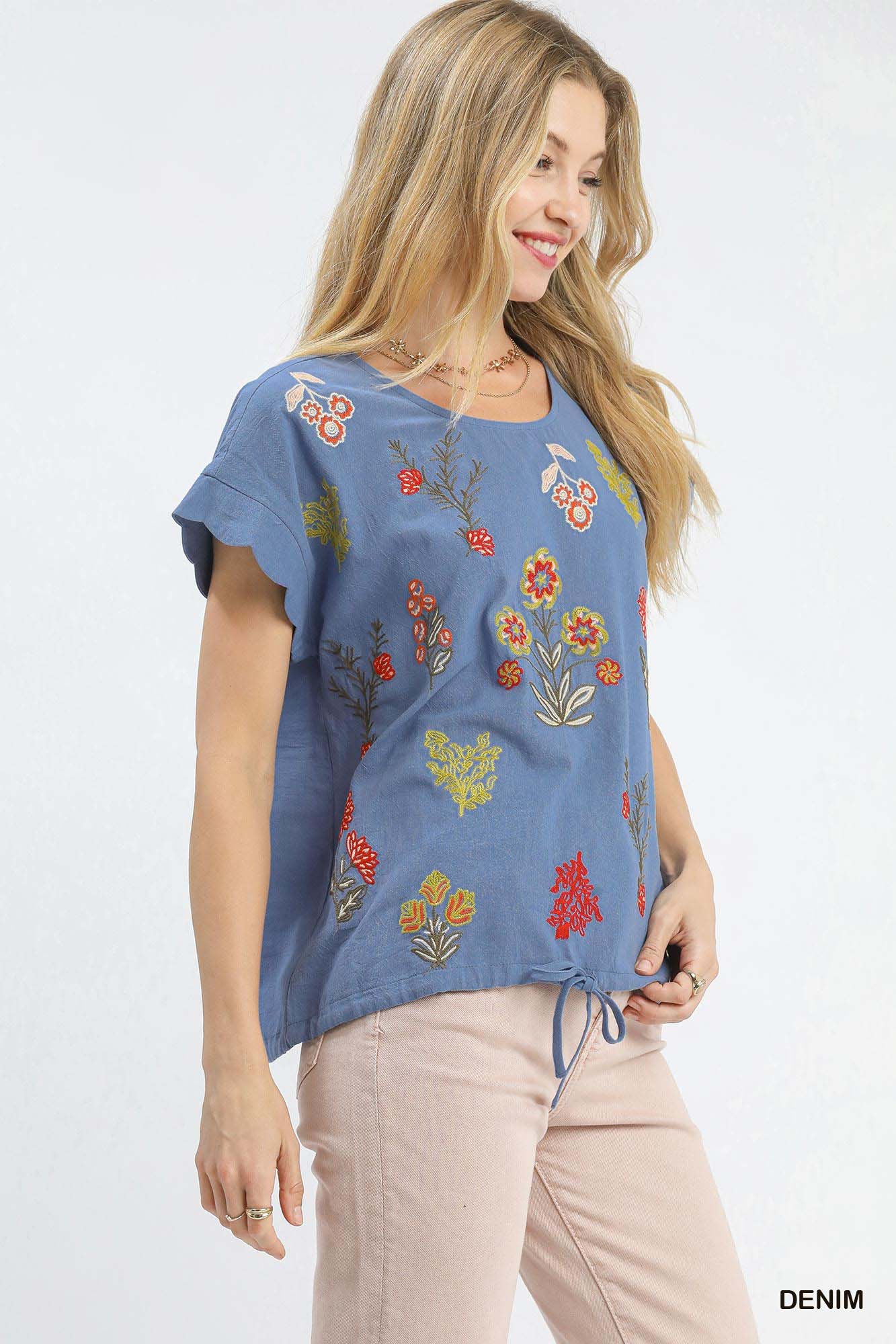 Umgee Embroidered Scallop Sleeve Top with Drawstring Hem