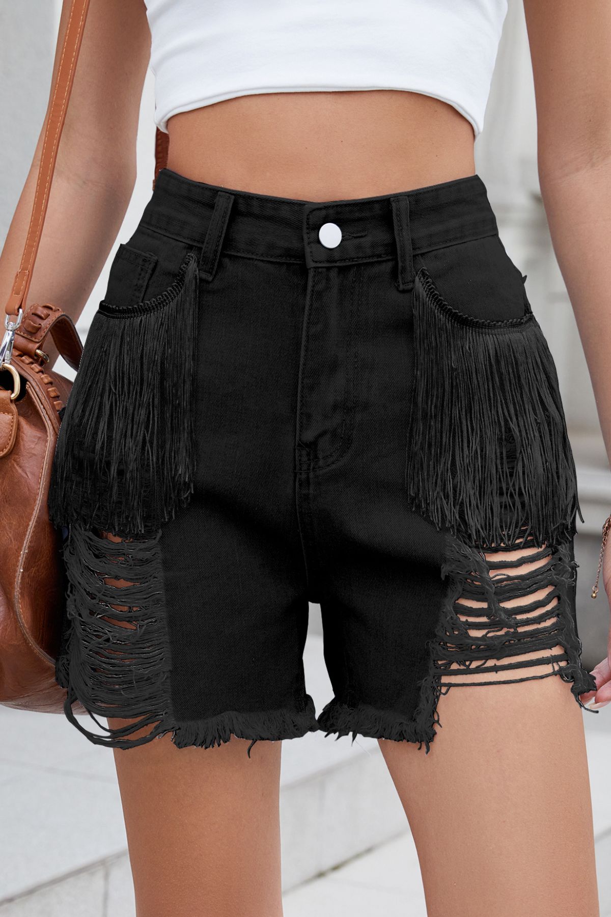 Distressed Fringe Denim Shorts view 7