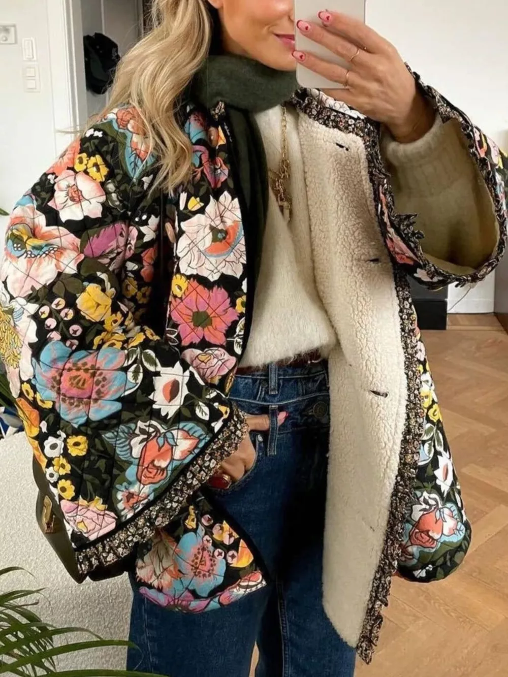 Full Size Floral Print Quilted Sherpa-Lined Jacket Plus Size