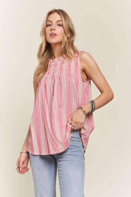 Contrast Striped Frill Round Neck Sleeveless Top