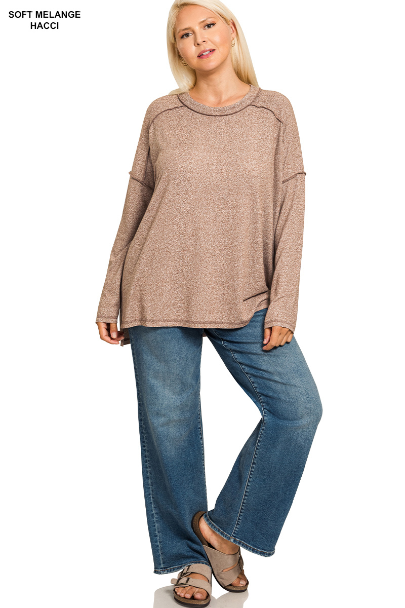 Full Size Melange Hacci Exposed Seam Hi-low Tee Plus Size