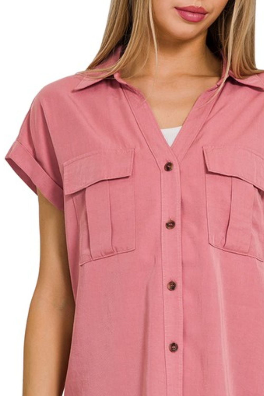 Tencel V-neck Collared Top W Front Flap Pockets