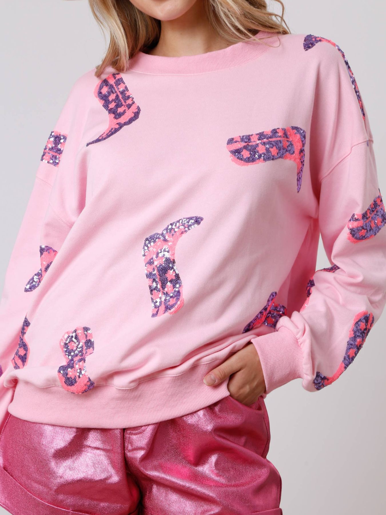 Sequin Boot Crewneck Sweatshirt