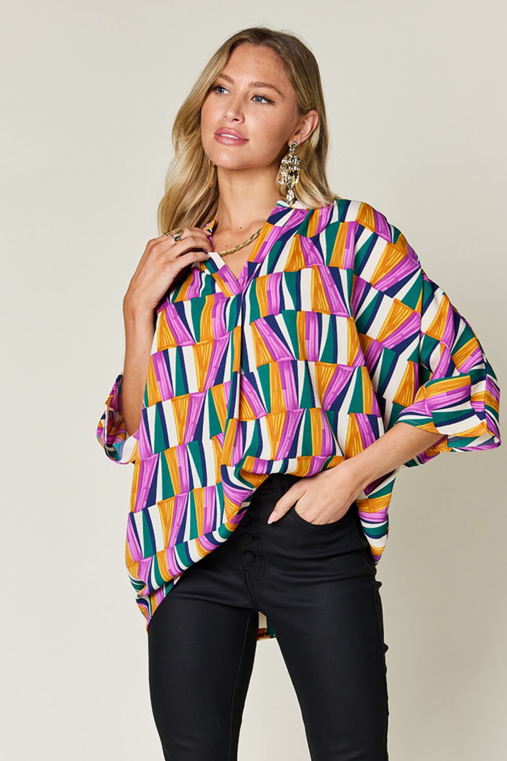 Double Take Full Size Geometric Notched Dolman Sleeve Top 1