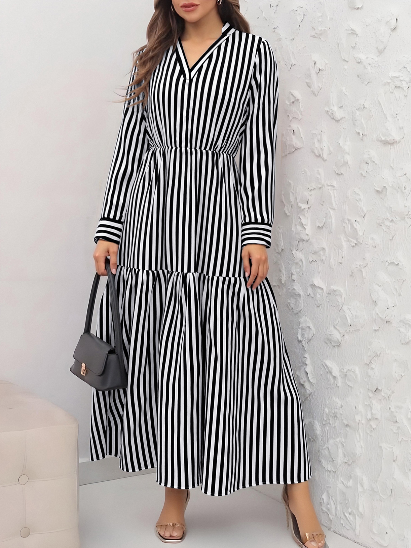 Striped Notched Long Sleeve Midi Dress