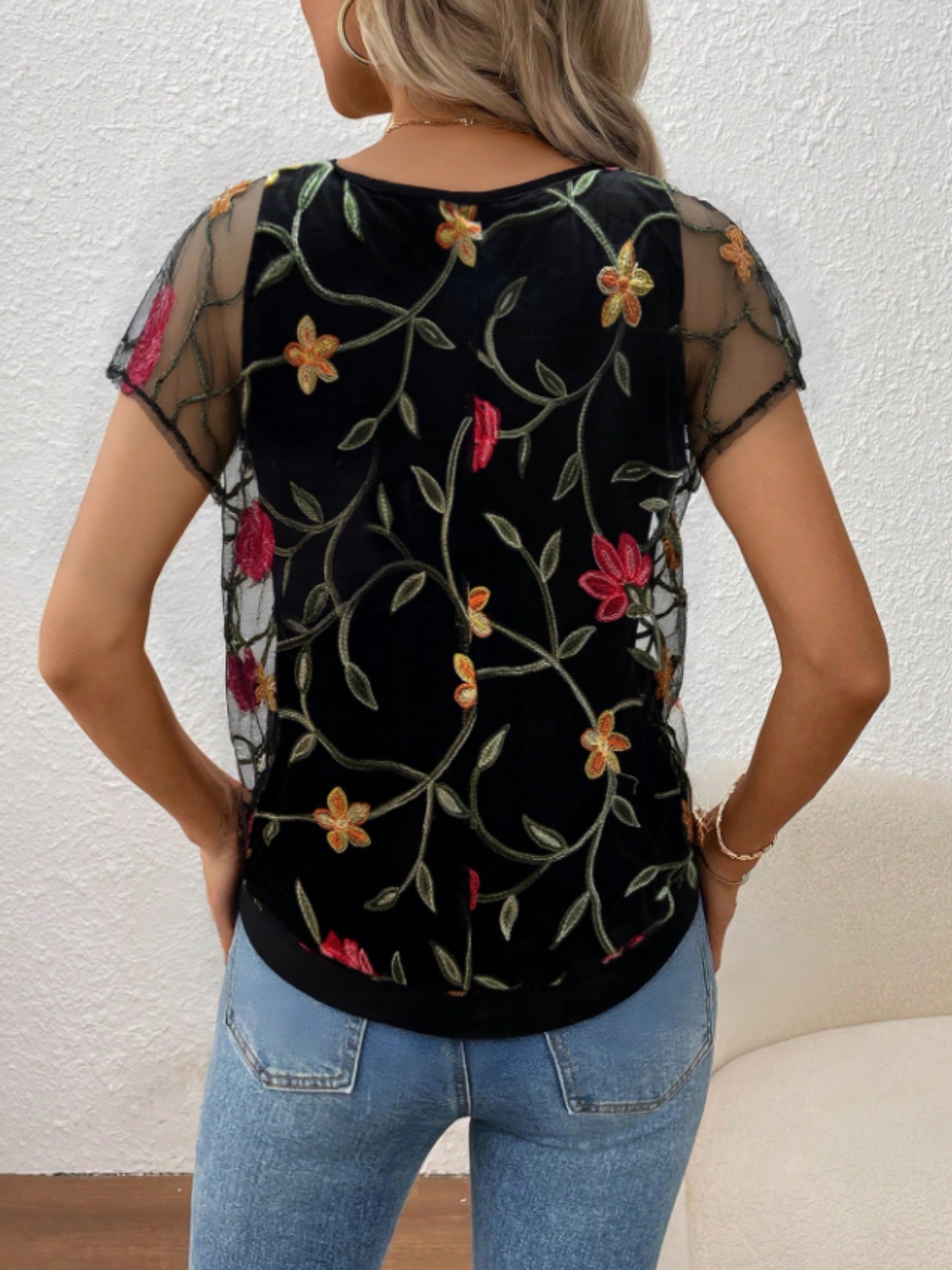 Floral Short Sleeve Sheer Top