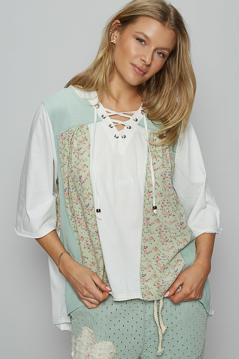 Lace-Up Hooded T-Shirt with Paisley Panel Detail