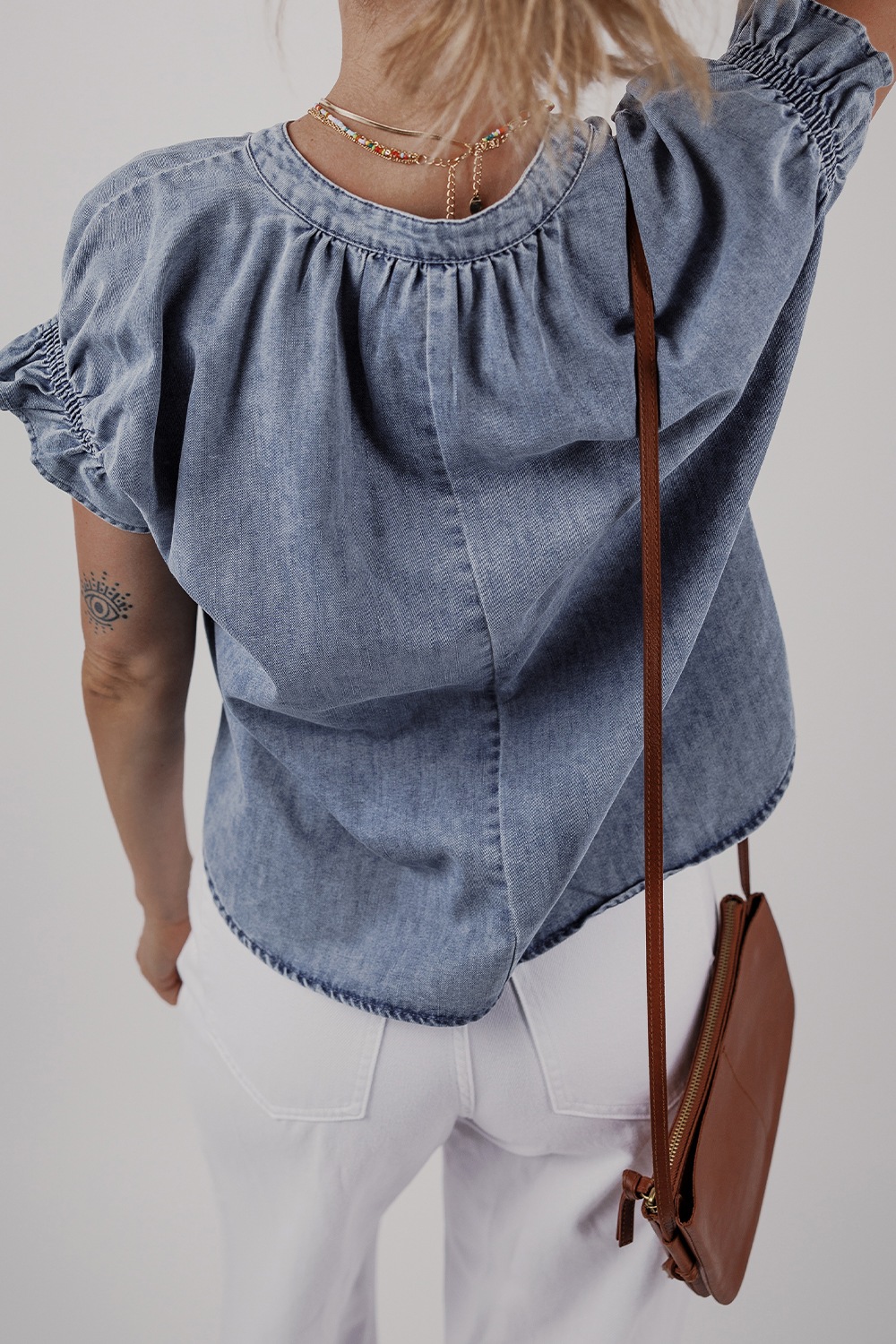 V Neck Ruffled Short Puff Sleeve Denim Top