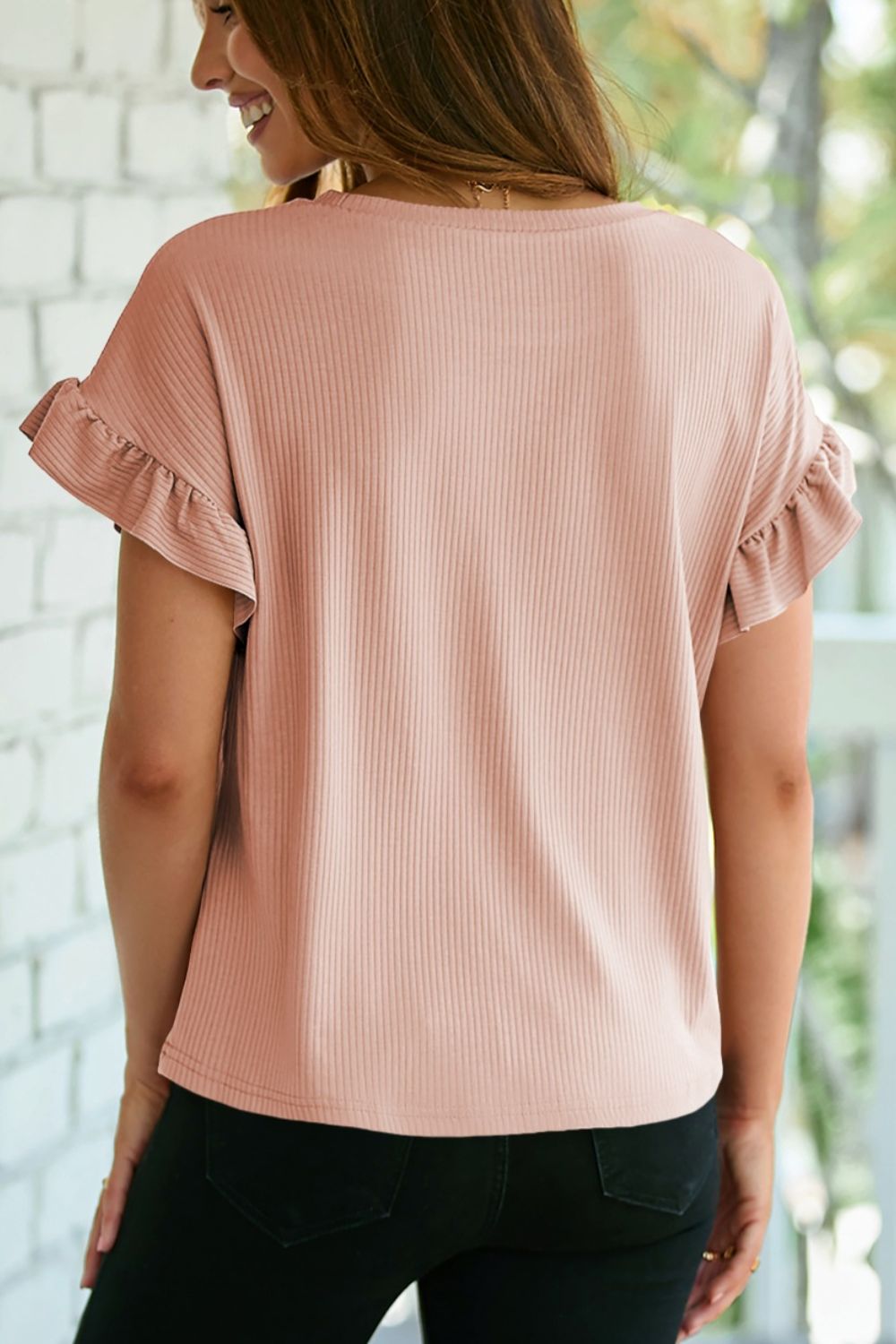 Solid Color Ribbed Ruffled Short Sleeve T Shirt