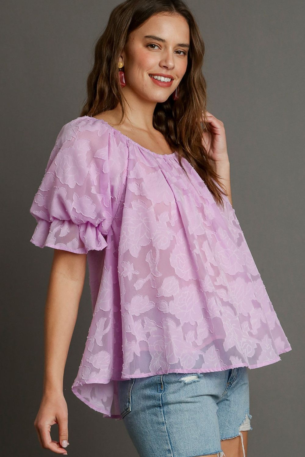 Umgee Full Size Jacquard Round Neck Ruffled Puff Sleeve Blouse Plus Size