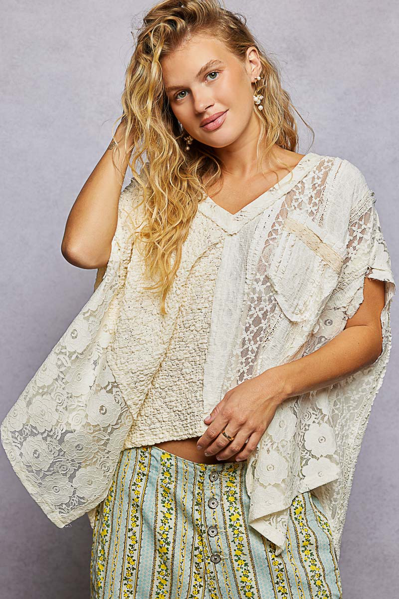 Asymmetrical V-Neck Short Sleeve Lace Top